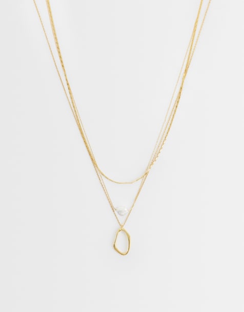 Orelia 3 row irregular oval and faux pearl necklace in 18k gold plated - view 1