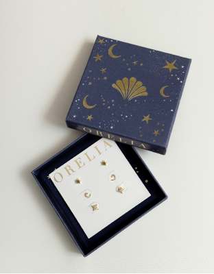 Orelia - 3er-Pack vergoldete Ohrstecker mit Himmelskörper-Design, Pavé-Fassung und Geschenkbox-Goldfarben