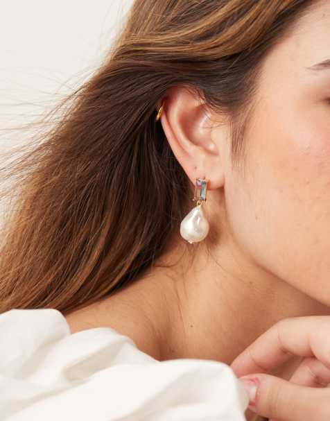 Orelia baguette & faux pearl drop earrings in 18k gold plated - view 1