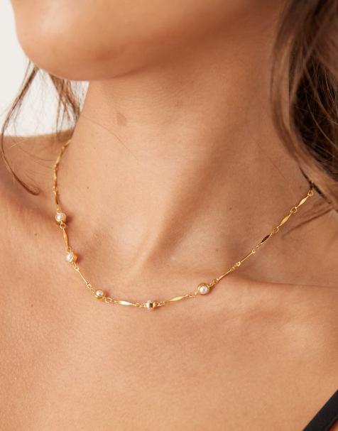 Orelia bar link and stationed pearl necklace in 18k gold plated - view 1