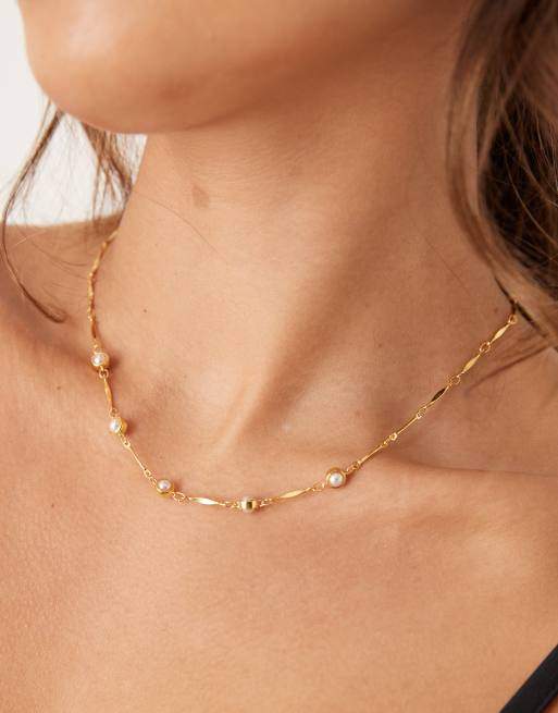 Orelia bar link and stationed pearl necklace in 18k gold plated
