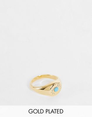 Orelia blue set stone evil eye signet ring in gold plate