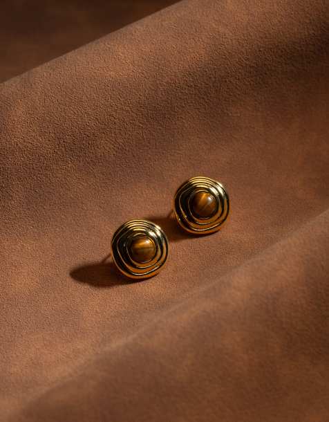 Orelia - Boucles d'oreilles effet spirale à pierre oeil de tigre en plaqué or 18 carats - view 1