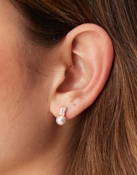 Orelia - Boucles d'oreilles en plaqué or 18 carats avec perles et détail baguette avec cristaux - view 1