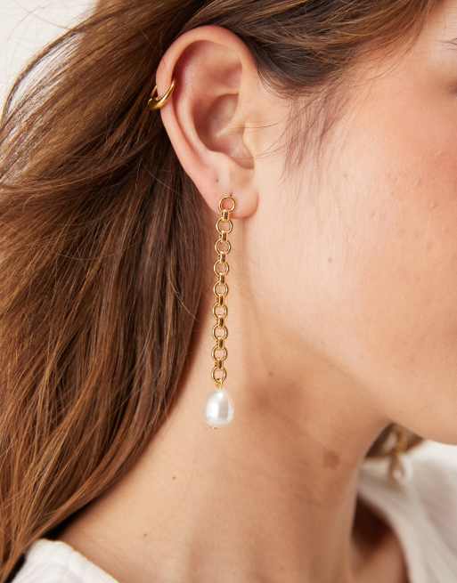Orelia - Boucles d'oreilles pendantes en plaqué or 18 carats avec chaîne et perle fantaisie