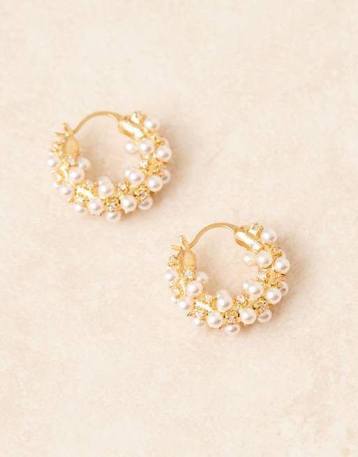 Orelia - Boucles d'oreilles style créoles ornées de cristaux et de perles en plaqué or 18 carats, 2 de 3