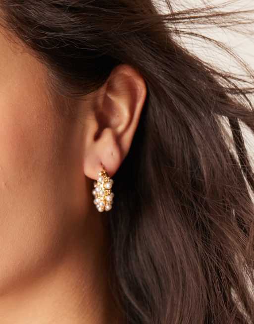 Orelia - Boucles d'oreilles style créoles ornées de cristaux et de perles en plaqué or 18 carats, 3 de 3