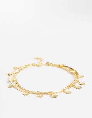 Bracelet de cheville multi-rangs à franges et coquillages en plaqué or 18 carats-Doré