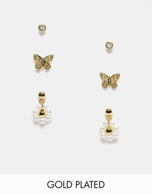 Orelia butterfly design and pearl flower earring stacking set in gold plate