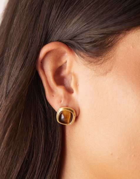 Orelia - Clous d'oreilles à pierre carrée en pierre œil de tigre semi-précieuse - Plaqué or 18 carats - view 1