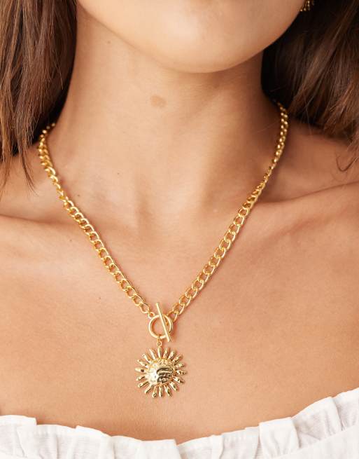 Orelia - Collana in catenina placcata oro 18 k con sole effetto metallo fuso e barretta a T