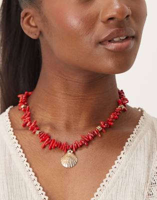 Orelia - Collier plaqué or avec perles corail et pendentif coquillage - Rouge-Doré