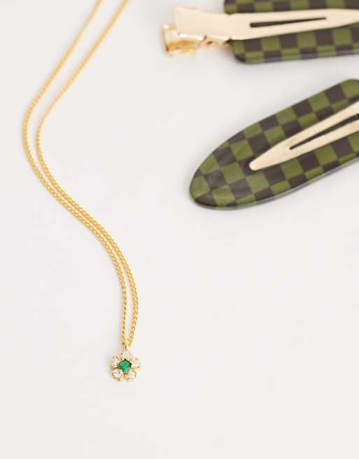 Orelia crystal and emerald flower necklace in 18k gold plated, 2 of 4