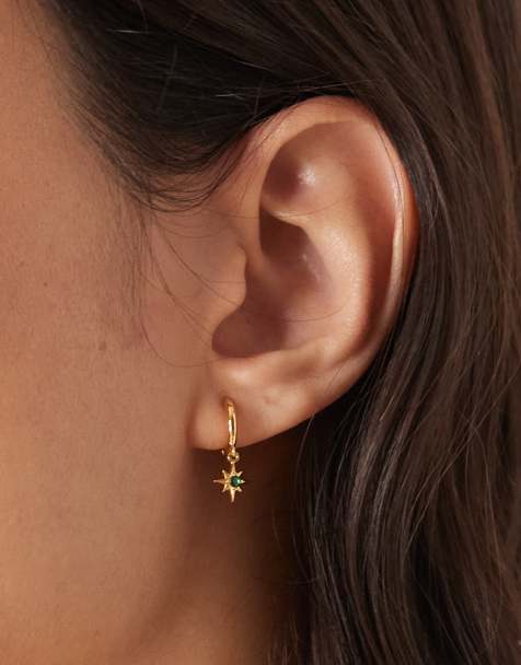 Orelia emerald starburst huggie hoop earrings in gold plated - view 1