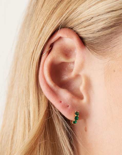 Orelia emerald stone mirco huggie hoop earrings in gold plated - view 1