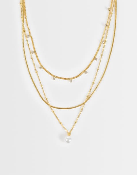 Orelia faux pearl drop & multi Crystal 3-row necklace in 18k gold plated - view 1