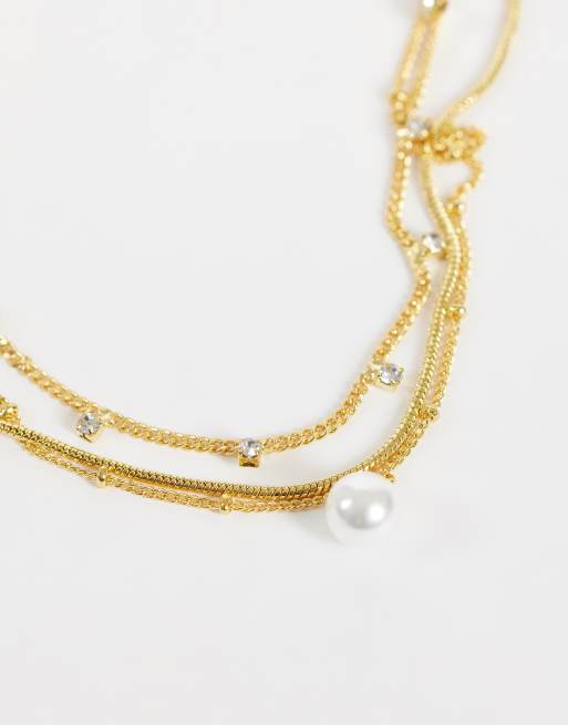 Orelia faux pearl drop & multi Crystal 3-row necklace in 18k gold plated, 3 of 5