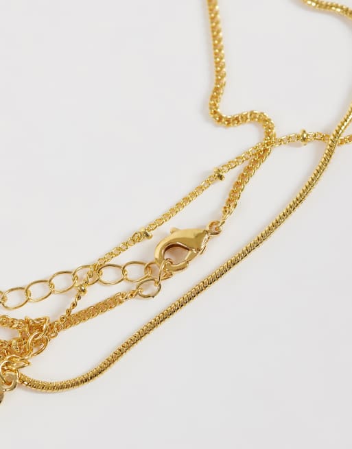 Orelia faux pearl drop & multi Crystal 3-row necklace in 18k gold plated, 4 of 5