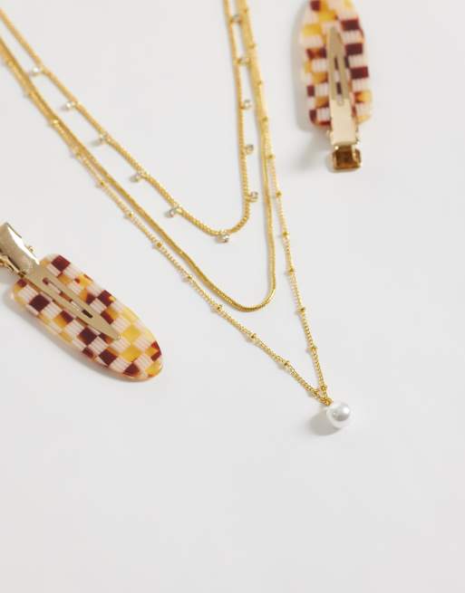 Orelia faux pearl drop & multi Crystal 3-row necklace in 18k gold plated, 5 of 5