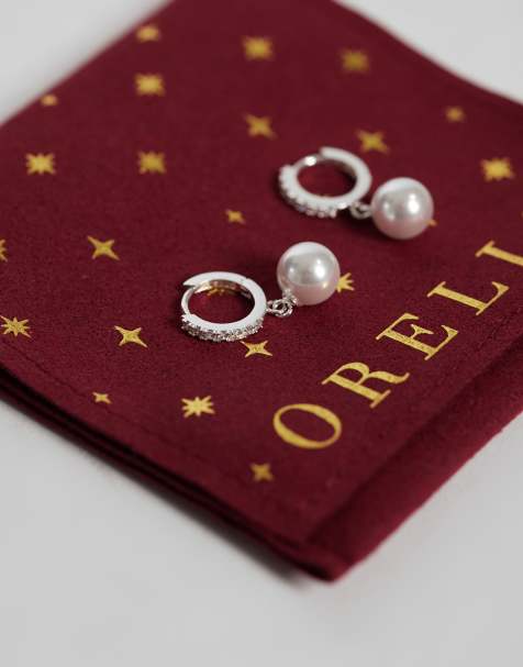 Orelia faux pearl drop pave hoop earrings in silver with burgundy giftbox - view 1