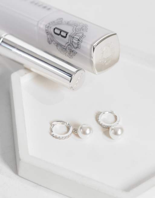 Orelia faux pearl drop pave hoop earrings in silver with burgundy giftbox, 2 of 3