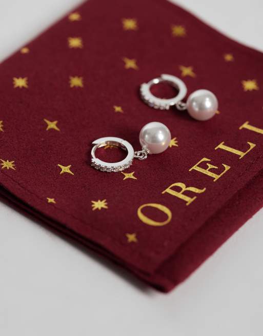 Orelia faux pearl drop pave hoop earrings in silver with burgundy giftbox, 3 of 3
