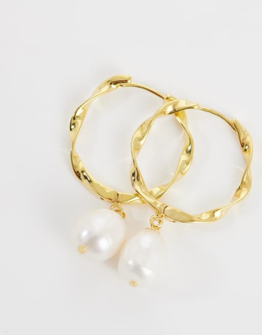 Orelia faux pearl mid size ribbon hoops in 18ct gold plated, 3 of 4