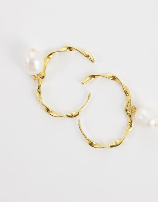Orelia faux pearl mid size ribbon hoops in 18ct gold plated, 4 of 4