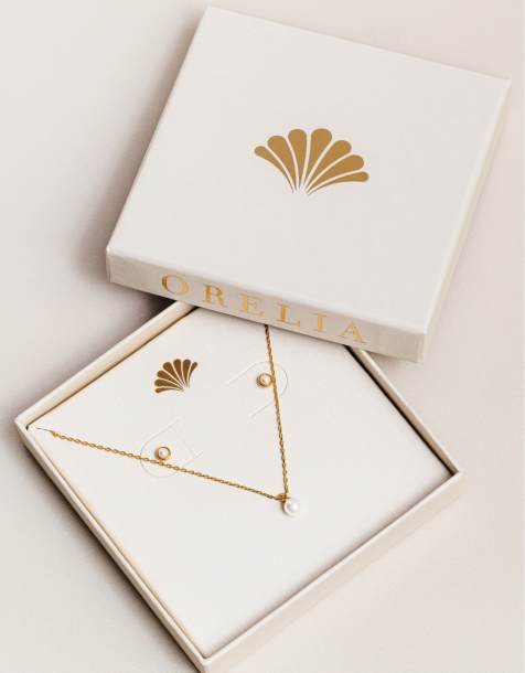 Orelia faux pearl necklace & Stud earring giftset in 18k gold plated - view 1