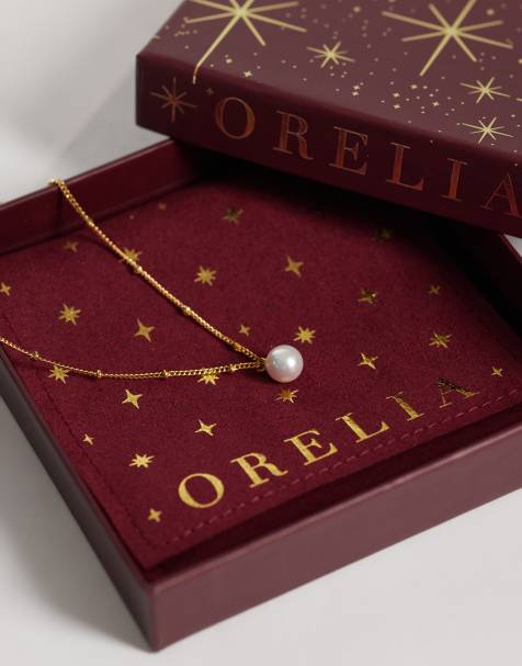 Orelia faux pearl satellite necklace 18k gold plated with burgundy giftbox - view 1