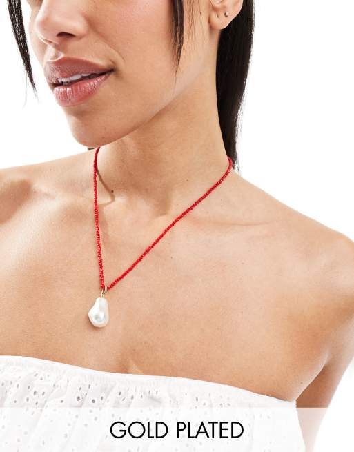  Orelia gold plated faceted bead & jumbo pearl necklace in red