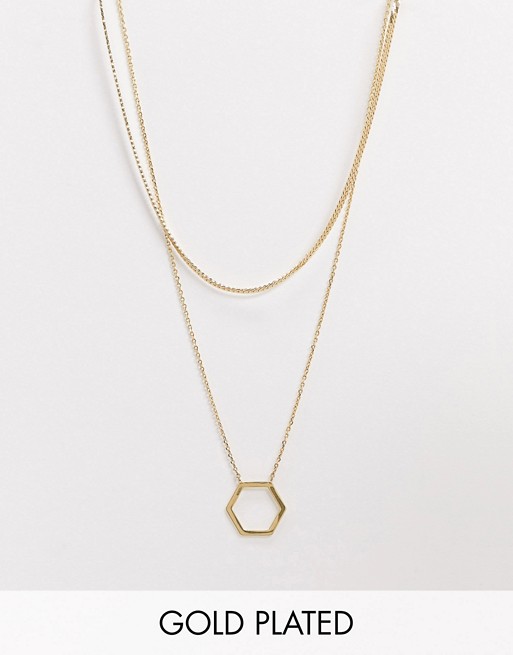 Orelia multirow necklace in gold plated with hexagon pendant