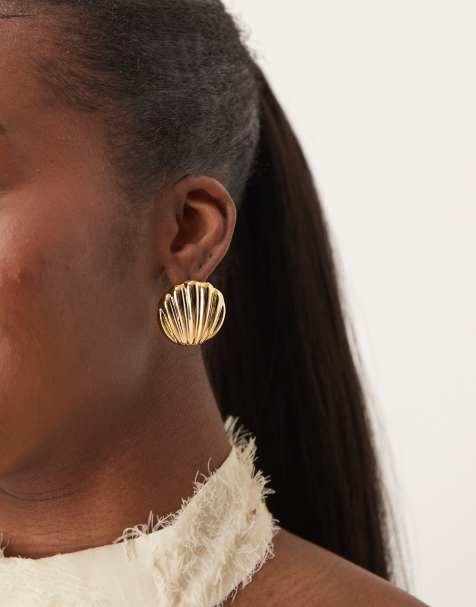 Orelia gold plated oversized statement shell stud earrings in pale gold - view 1