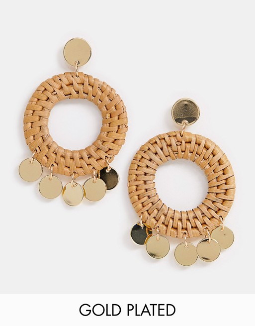 Orelia gold plated raffia woven coin statement earring