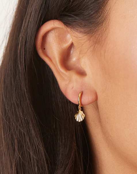 Orelia gold plated shell drop micro hoops in pale gold - view 1