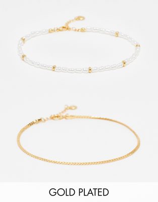 Orelia gold plated snake chain & pearl anklet 2 pack in pearl