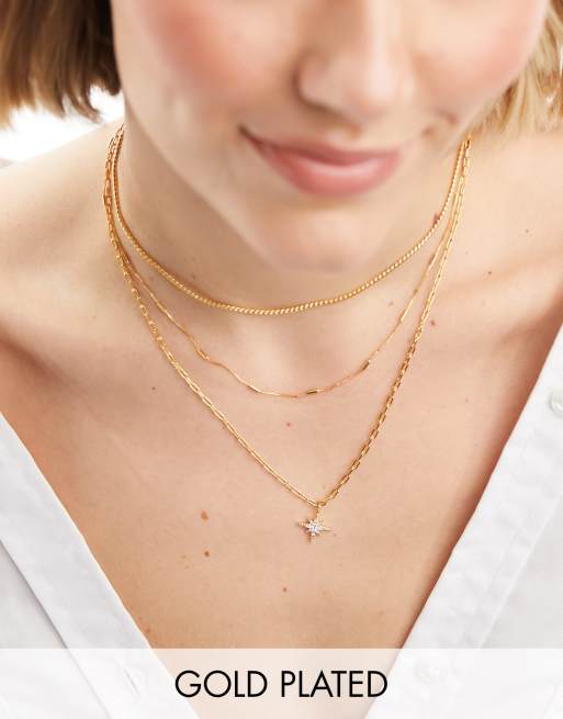 Orelia gold plated starburst and chain multirow necklace 