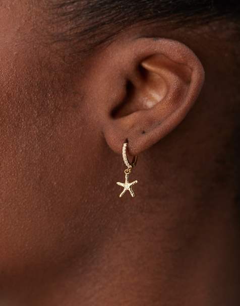 Orelia gold plated starfish drop micro gem hoop in pale gold - view 1
