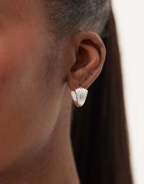 Orelia gold plated textured fan hoops in sterling silver plated - view 1