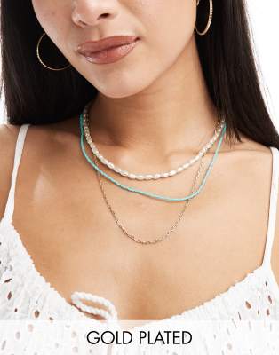 Orelia Orelia gold plated turq & pearl 3 row necklace in turquoise