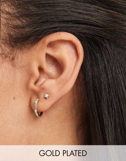 Orelia gold plated turquoise & pearl fine huggie hoops in gold