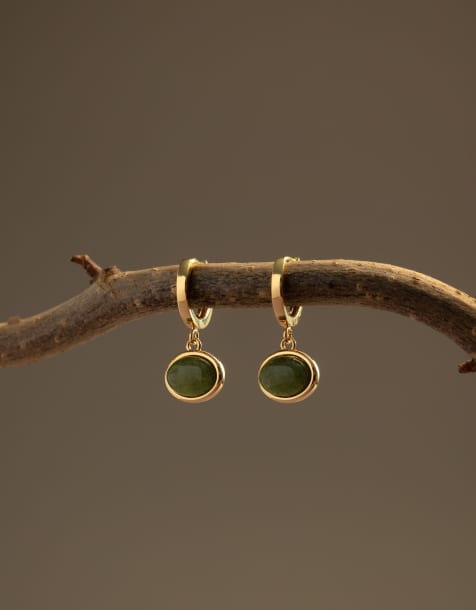 Orelia green jade charm micro hoops in 18k gold plated - view 1