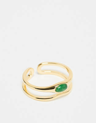 Orelia Orelia green stone and wave adjustable ring in 18k gold plated