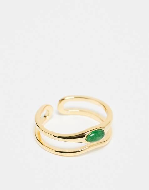 Orelia green stone and wave adjustable ring in 18k gold plated - view 1
