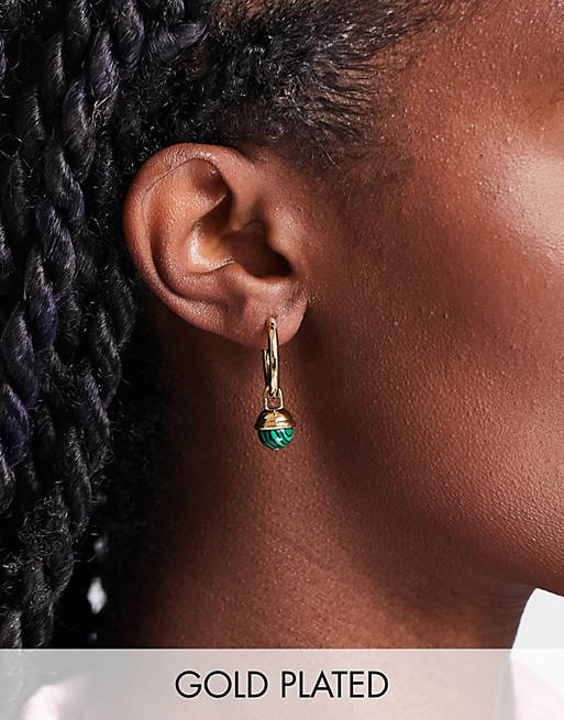 Orelia hoop earrings with semi precious malachite stone in gold plate