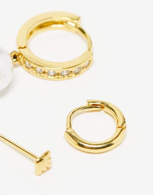 Orelia - Lot de 3 paires de boucles d'oreilles en plaqué or 18 karats avec perles et cristaux, 4 de 4