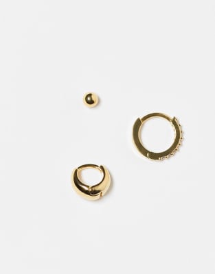 Orelia - Lot de 3 pièces: boucle d'oreille, pendant d'oreille et créole à strass en plaqué or 18 carats-Doré