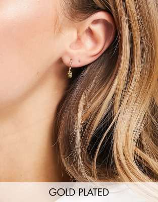 Orelia micro padlock drop huggie hoop earrings in gold plate
