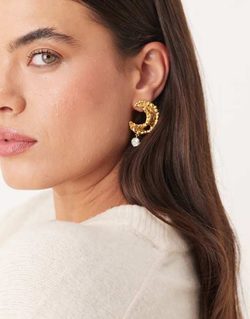 Orelia molten moon and pearl drop statement earrings in 18k gold plated