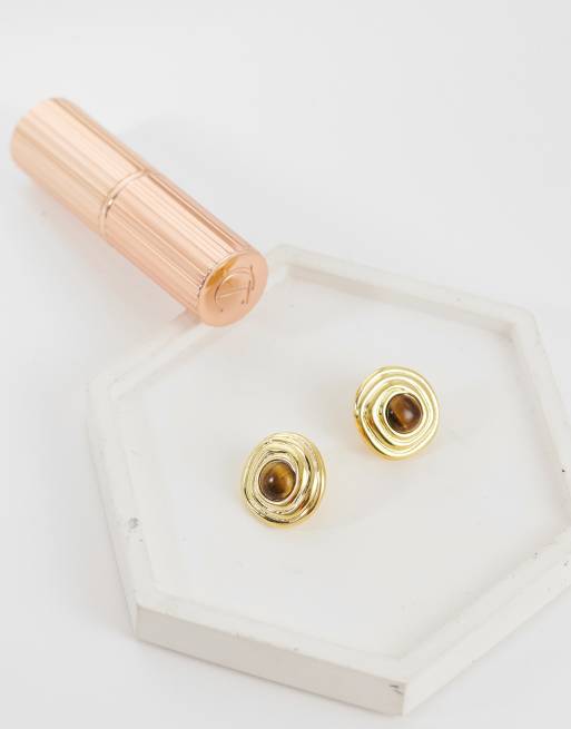Orelia - Orecchini a bottone a spirale con occhio di tigre placcati oro 18 ct, 3 di 4